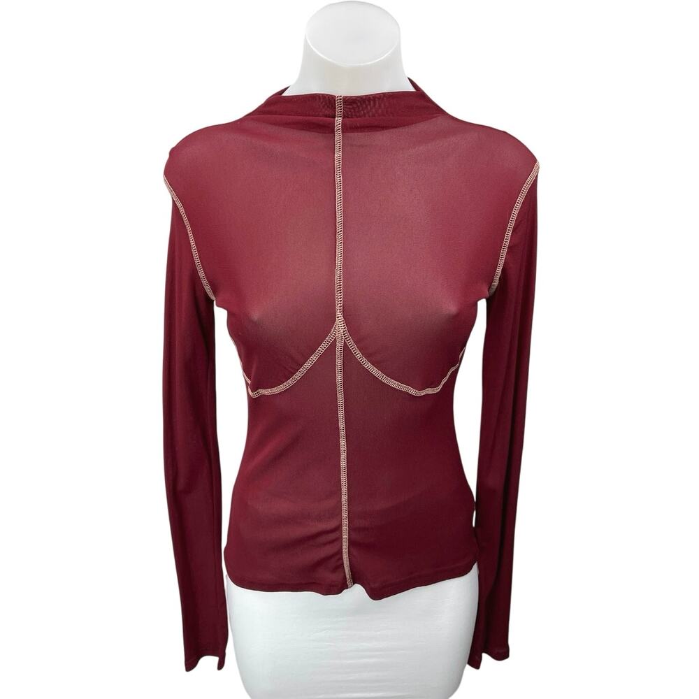 Atoir Women's Red Mock Neck Patchwork Sheer Mesh Stretch Long Sleeve Top Size M